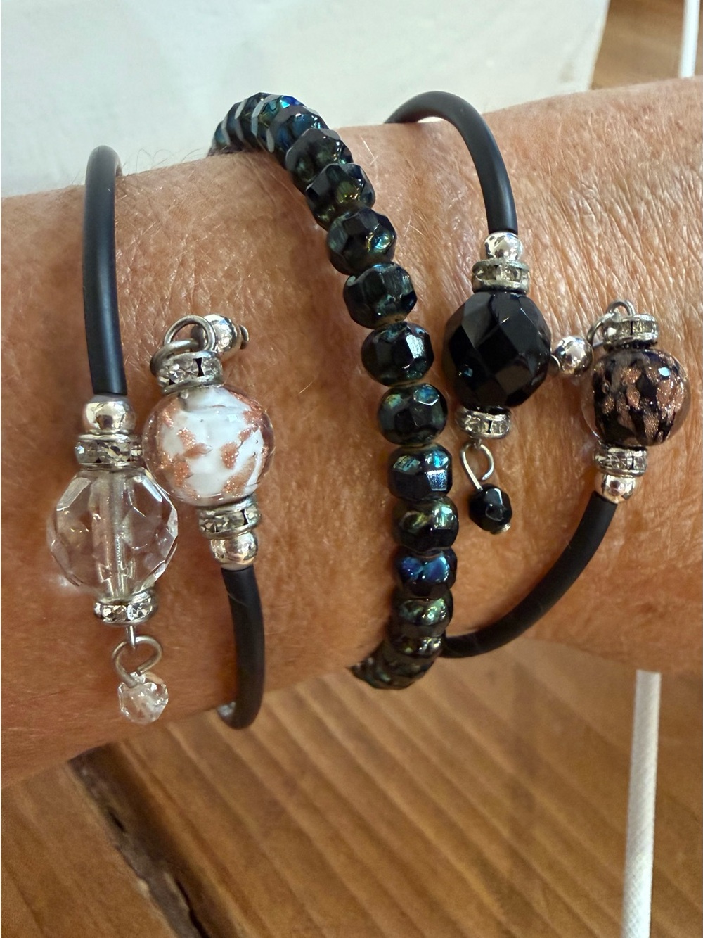 Black Beaded and Glass Charm Multi-Strand Bracelet Set